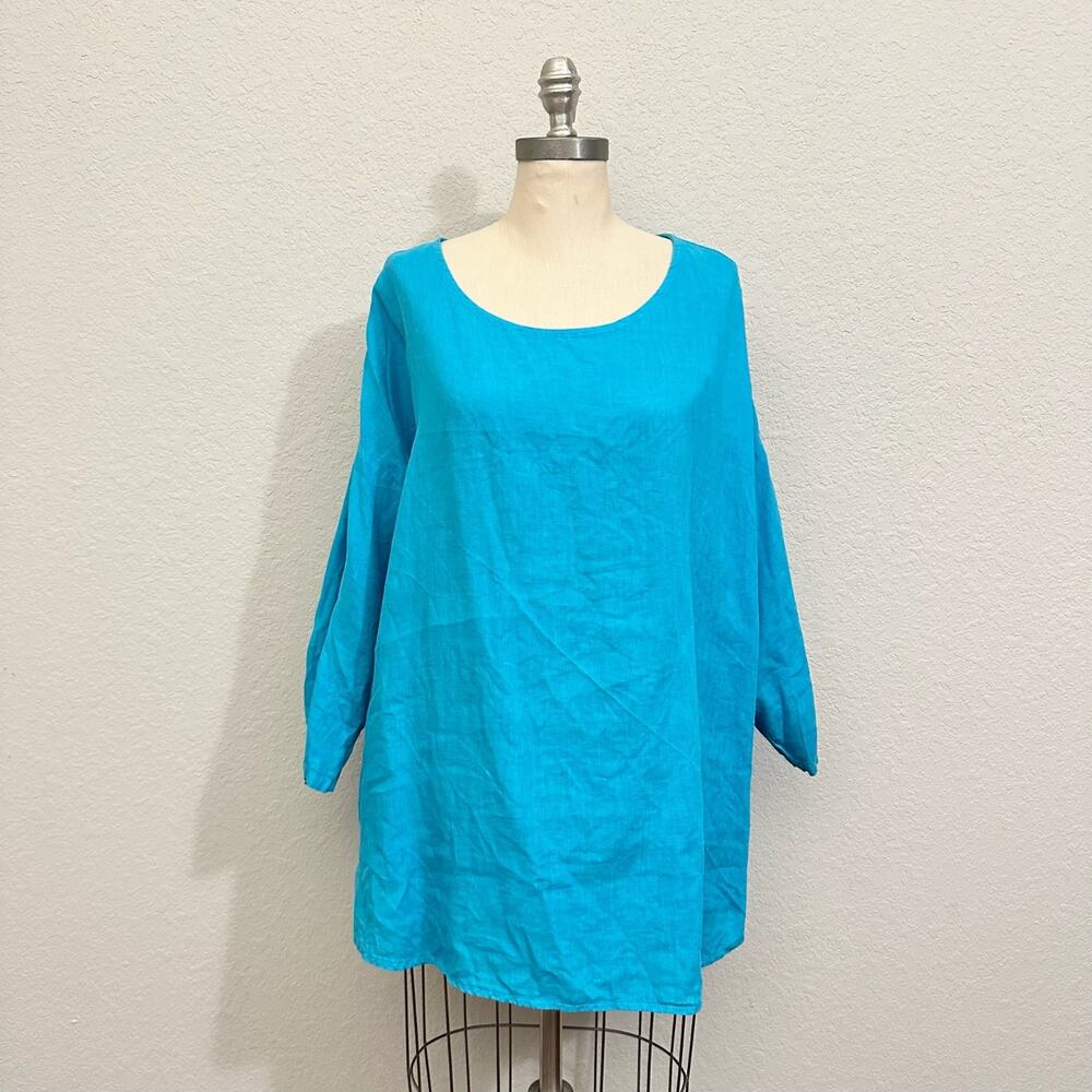 MATCH POINT Tunic Top Turquoise Linen Pullover LS Peasant Lagenlook